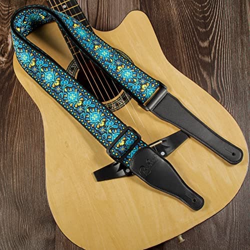 Jacquard Embroidered Cotton Guitar Strap with Leather Ends for Bass, Acoustic & Electric