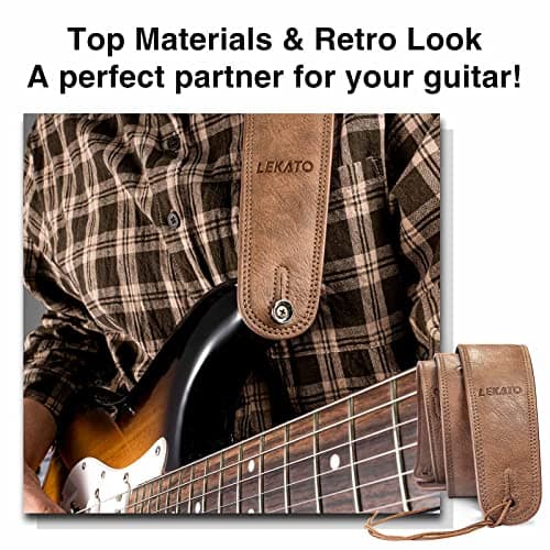 LEKATO Electric & Bass Guitar Strap 2.5" Wide Padded Brown Leather Adjust to 41-51"