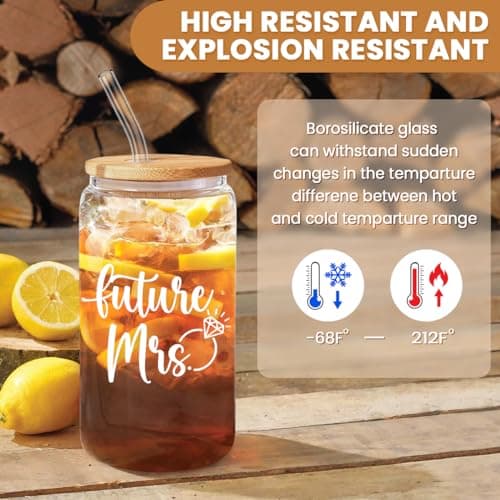 Future Mrs Glass Coffee Cup with Bamboo Lid and Straw - Bridal Shower Gift for Bride-to-be