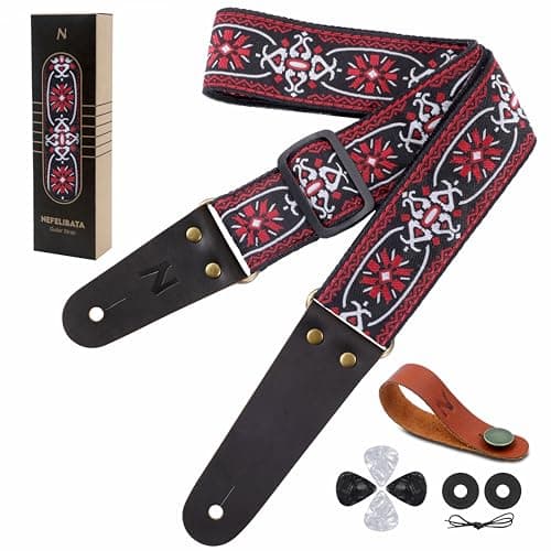 Vintage Embroidered Cotton Guitar Strap for Bass, Electric & Acoustic Guitar with Leather Ends and Accessories — O# - White Embroidery