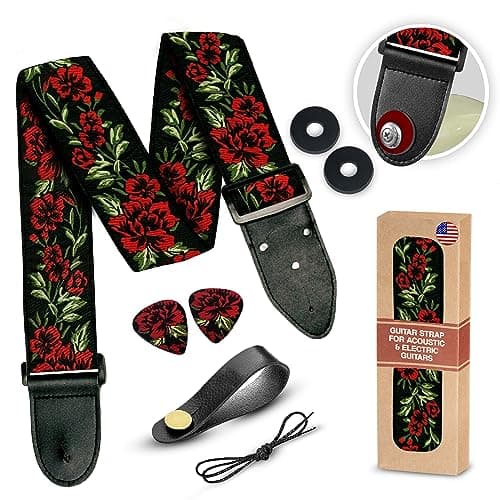 Vintage Woven Embroidered Guitar Strap - White,Adjustable for Acoustic, Electric & Bass Guitars Includes Picks — A Red Roses