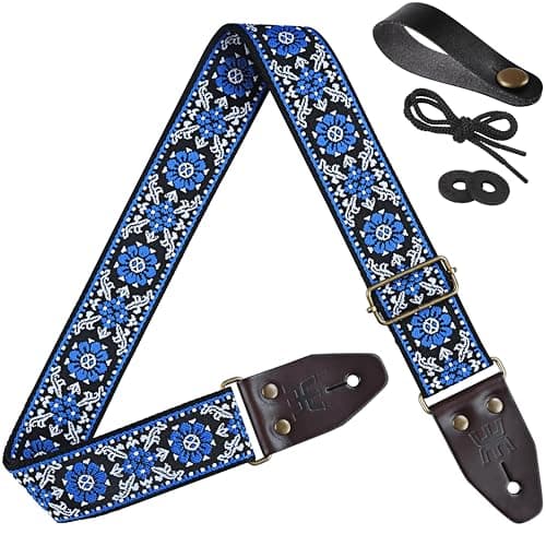 Amumu Black Brown Spade Heart Embroidery Vintage Guitar Strap — Blue Lucky Flower