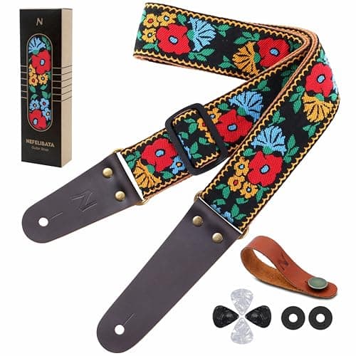 Nefelibata Vintage Jacquard Embroidery Guitar Strap for Electric Acoustic | Full Grain Leather Ends | Free Button & Locks | 2 Picks Included