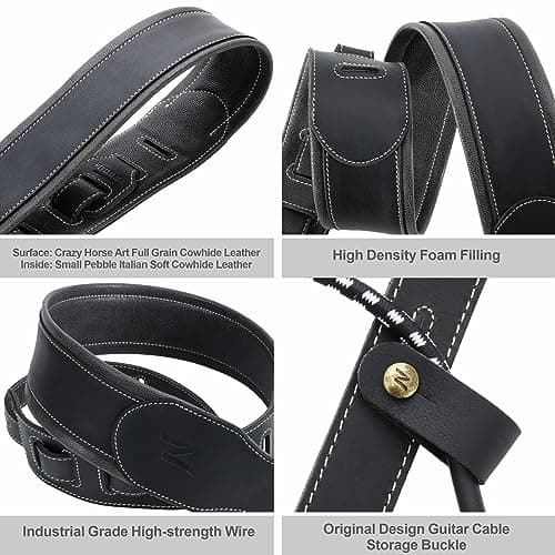 Nefelibata Double-Thick Full-Grain Leather Guitar Strap with Cable Loop (Black)
