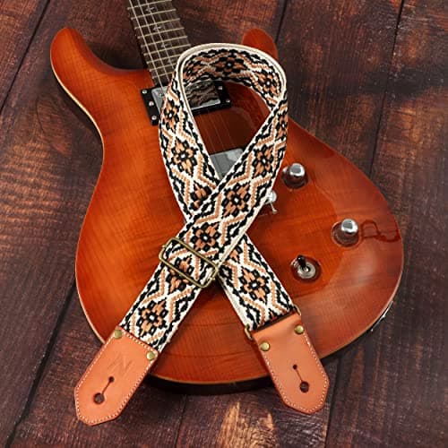 Cool Woven Guitar Strap with Leather Ends for Guitarists (Khaki)