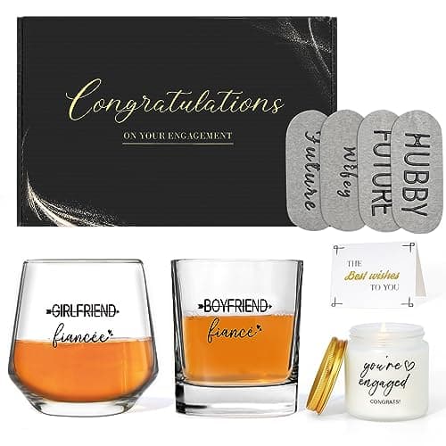 Engagement Gifts for Couples - Wine and Whiskey Glass Set, Socks, Candle, Greeting Card