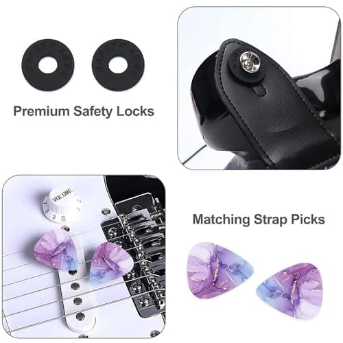 Lizimandu Adjustable Guitar Strap with 2 Locks & 4 Picks - Leather Ends - Suitable for Acoustic & Electric Guitars