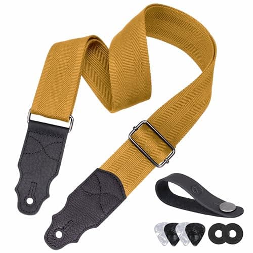 Head Layer Cowhide Leather Guitar Strap, 2-Inch Wide, 2 Locks, 4 Picks — Yellow