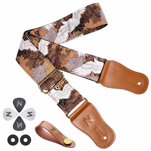 Cotton Guitar Strap for Acoustic Guitar and Ukulele with Accessories — White Crane