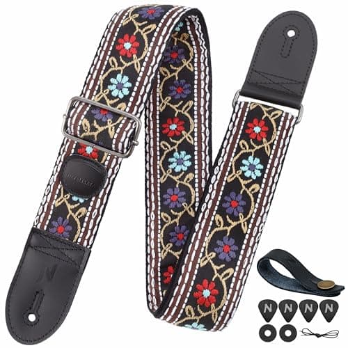 Nefelibata Guitar Strap with Pick Pocket - 2 Inch Thicker Woven Strap for Bass, Electric, and Acoustic Guitars — Colorful Flower String