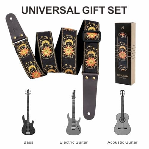Sun & Moon Embroidery Guitar Straps by Nefelibata - Head Cowhide Leather Ends, 1 Pair