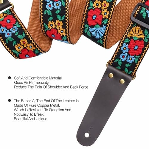 Nefelibata Vintage Jacquard Embroidery Guitar Strap for Electric Acoustic | Full Grain Leather Ends | Free Button & Locks | 2 Picks Included
