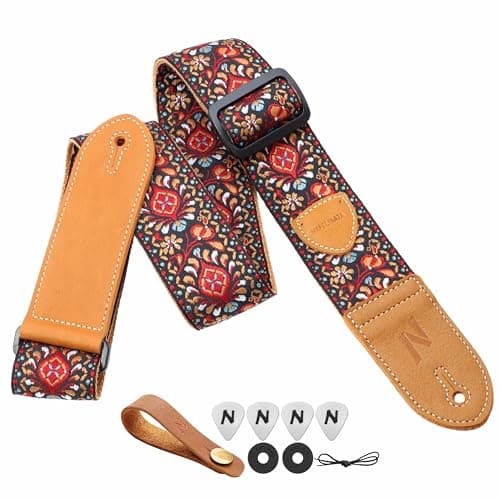 Nefelibata Vintage Woven Guitar Strap, Double Leather Ends, Vintage Blue Gold Embroidery-Free Bonusurities — B#-vintage Red Yellow Embroidery
