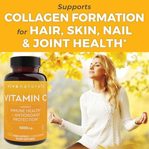 Viva Naturals Non-GMO Vitamin C 1000mg with Bioflavonoids & Rose HIPS, 250 Capsules