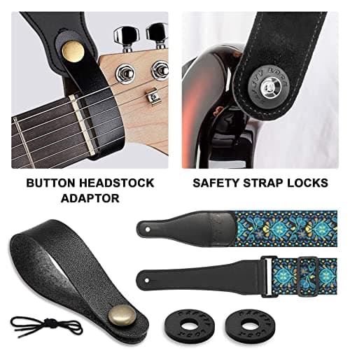 Jacquard Embroidered Cotton Guitar Strap with Leather Ends for Bass, Acoustic & Electric