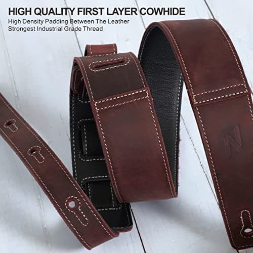 Vintage Burgundy Leather Guitar Strap with Foam Padding and Cable Storage Loops