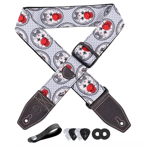 Floral Cotton Guitar Strap 2" Full Grain Leather Ends, Bass/Electric/Acoustic, Free Button & Picks — Cat