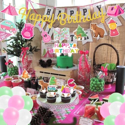Pink Camping Birthday Banner for Girls - Happy Camper Adventure Supplies