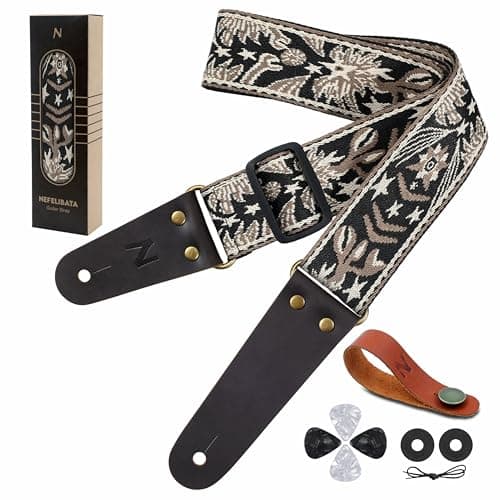 Guitar Strap with Flower Embroidery for Bass, Electric & Acoustic Guitars — Mystery Totem-beige