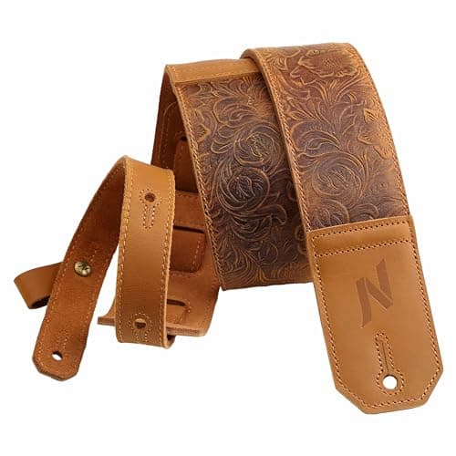 Nefelibata Full-Grain Leather Guitar Strap, 2.3" Wide, Soft Padded (Brown) — Sahara Yellow