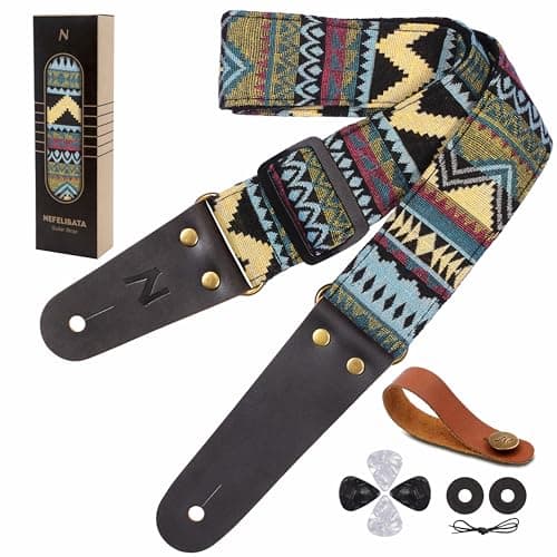 Nefelibata Vintage Cotton Guitar Straps with Cowhide Ends, 2 Locks & 4 Picks