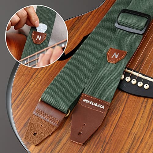 Nefelibata 100% Cotton Guitar Strap with Pick Pocket - Full Grain Leather Ends for Acoustic, Electric, and Bass Guitars - Perfect Gift for Guitarists and Kids