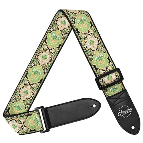 Amumu 2 Cotton Guitar Strap - Hootenanny Embroidered Style, Premium Leather Ends - for Acoustic, Electric, Bass Guitars — Green
