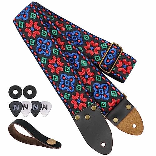 Vintage Jacquard Embroidery Cotton Guitar Strap with Leather Ends for Electric and Acoustic Guitars — Colourful Flowers