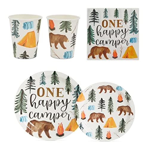 BLUE PANDA Camping-Themed Birthday Decor & Dinnerware for Kids (Serves 24)