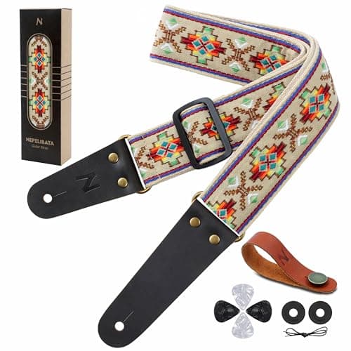 Nefelibata Guitar Strap with Hidden Pocket for Bass, Electric, and Acoustic Guitars — Yellow Mosaic