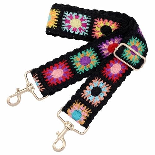 Nefelibata Adjustable 2 Purse Strap - Multi-Pattern Crossbody Replacement — Black Knit Embroidery