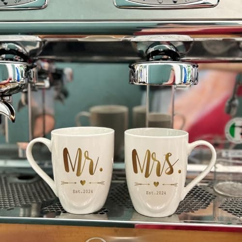 Mr & Mrs Coffee Mugs Set, Gold Foil Design Wedding Gifts for Bride Groom Couples