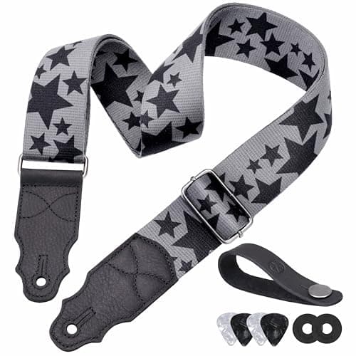 Head Layer Cowhide Leather Guitar Strap, 2-Inch Wide, 2 Locks, 4 Picks — Star