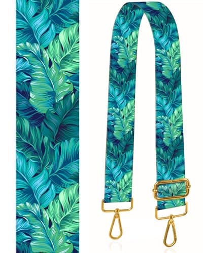 BeauBeast 2" Wide Adjustable Gold Buckle Crossbody Bag Strap — Blue Green Leaf
