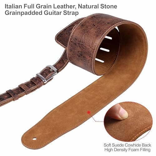 Nefelibata Full Grain Cowhide 3" Wide Guitar Strap with Foam Padding and Detachable Extension