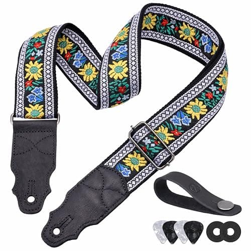 Head Layer Cowhide Leather Guitar Strap, 2" Wide, 2 Locks, 4 Picks Included — Yellow Daisy