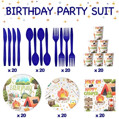 Campfire Themed Party Plates, Napkins, Cups & Utensils for Kids' Birthday, Serves 20 Guests