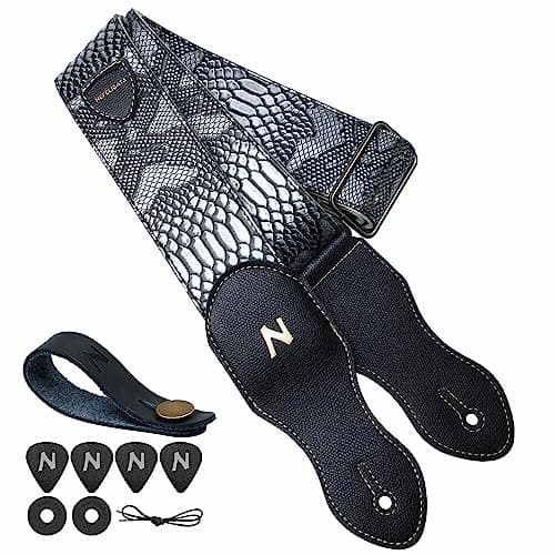 Nefelibata Guitar Strap with Pick Pocket, Vintage Style (Brown) — Black&white Snakeskin