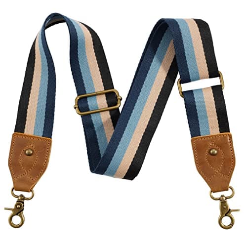 Nefelibata Purse Strap - Wide Leather Shoulder Strap with Embroidery — Retro blue stripe