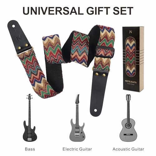 Vintage Jacquard Weave Cotton Guitar Strap with Leather Ends for Bass, Electric & Acoustic Guitars