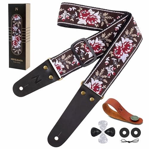 Guitar Strap with Flower Embroidery for Bass, Electric & Acoustic Guitars — Peony