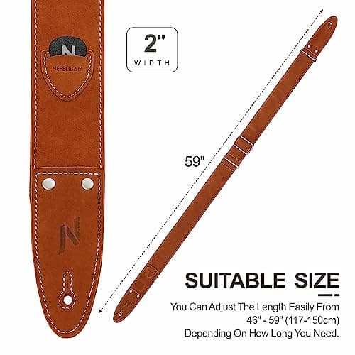 Nefelibata Guitar Strap: Full Grain Leather, 2 Width, with Pick Pocket - for Bass, Electric & Acoustic Guitar (Coffee Brown)