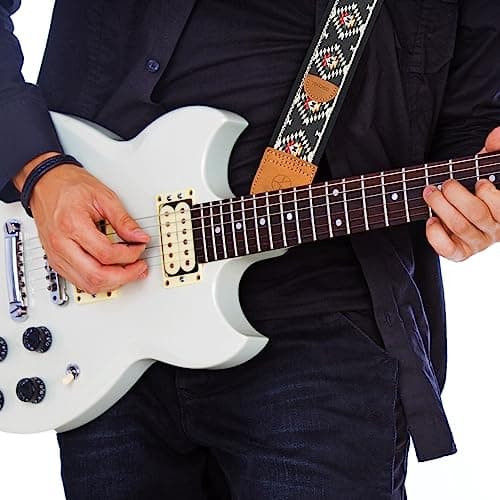 Guitar Strap 2 Inch Embroidery Cotton Guitar Straps with Full Grain Leather End for Bass Electric and Acoustic Guitars Free Strap Button