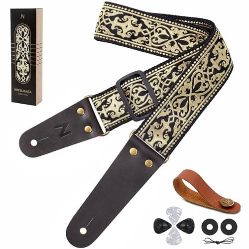 Nefelibata Embroidered Cotton Guitar Strap with Cowhide Ends (Saffron) — Gold Pattern