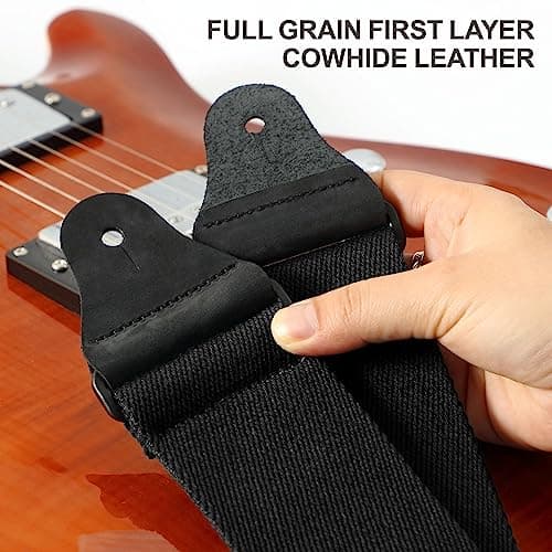 Black Cotton Guitar Strap for Bass, Electric & Acoustic with Leather Ends (2.3)