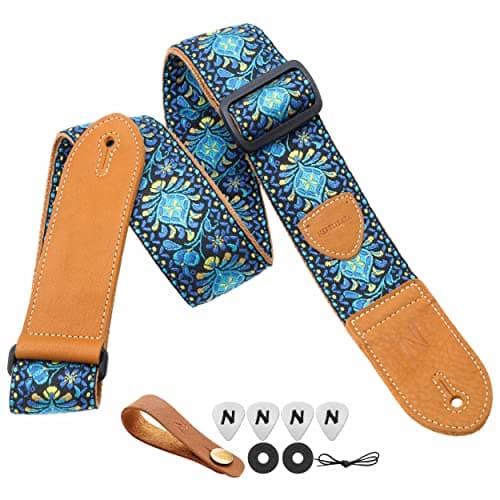 Vintage Yellow Embroidered Guitar Strap Set - Best Gift for Guitarists — B#-vintage Blue Yellow Embroidery