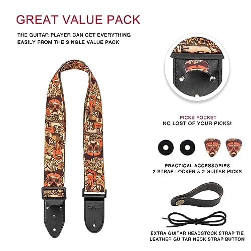 Bass, Electric & Acoustic Guitar Strap with Pick Pocket & Locks