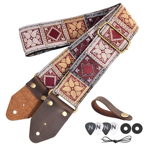 Red Gold Embroidery Nefelibata Jacquard Guitar Strap for Bass, Electric & Acoustic — I#-bohemian Red Square
