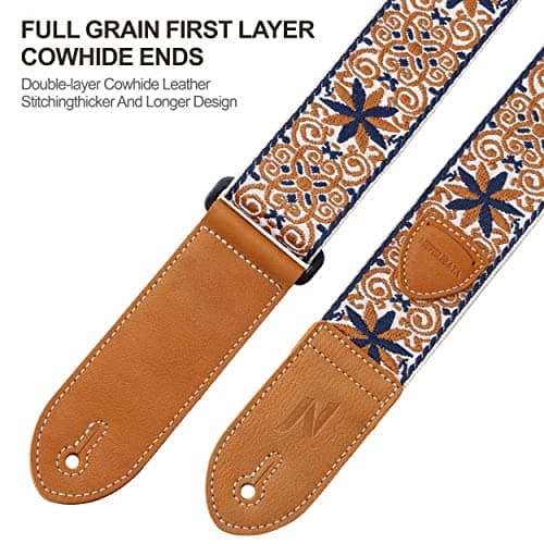 Nefelibata Vintage Woven Guitar Strap, Double Leather Ends, Vintage Blue Gold Embroidery-Free Bonusurities
