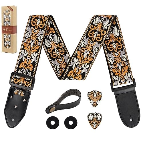 Genuine Leather Electric/Acoustic Guitar Bass Strap, Blue, with Pick Holder & Locks — Vintage Brown Jacquard
